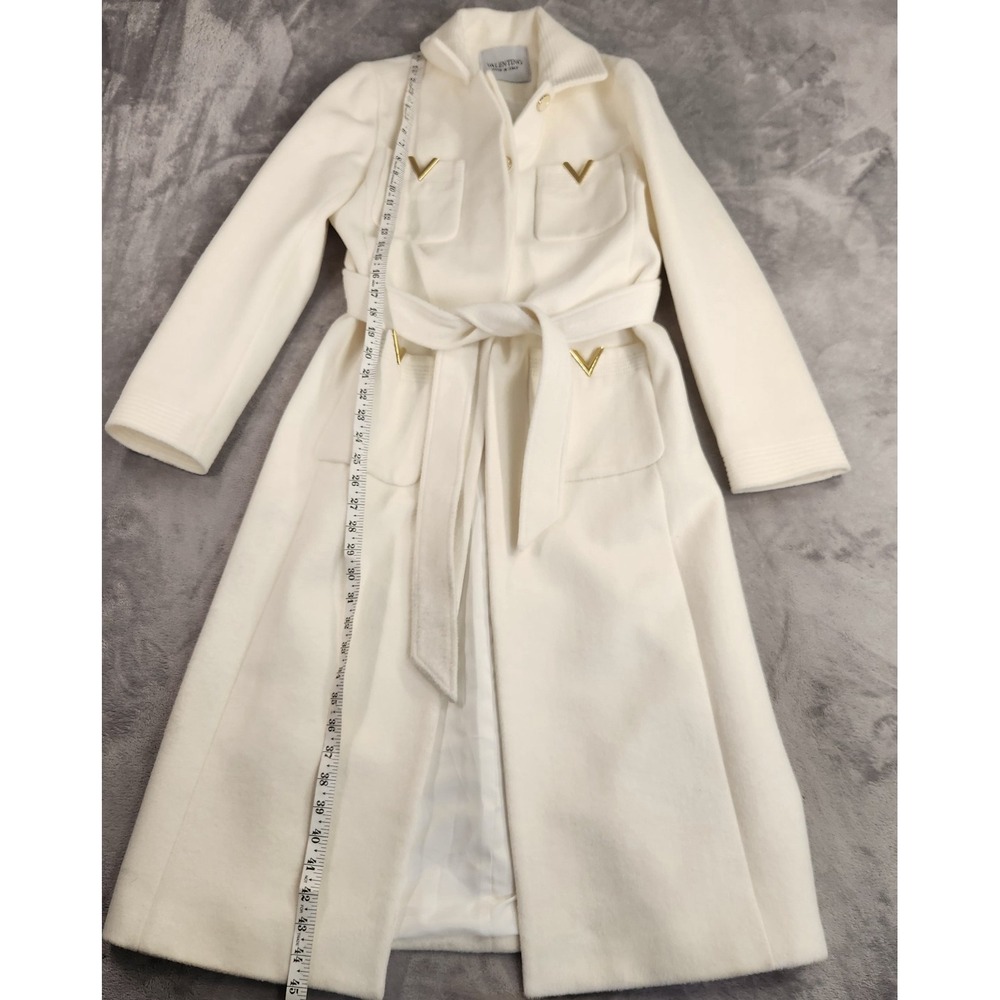 VALENTINO $6,900 Ivory Virgin Wool Silk Belted Long Coat Gold V Pockets size 38 - Picture 8 of 16